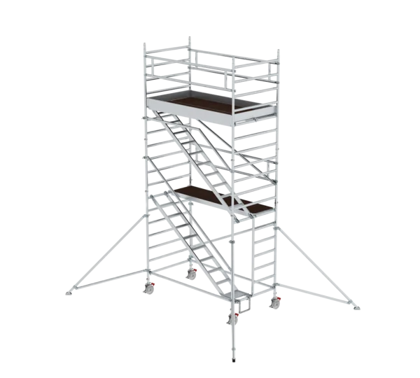 Rollgerüst 1,35 x 2,45 m mit Schrägaufstiegen & Ausleger Plattformhöhe 4,35 m  Rollgerüst 1,35 x 2,45 m mit Schrägaufstiegen & Ausleger Plattformhöhe 4,35 m