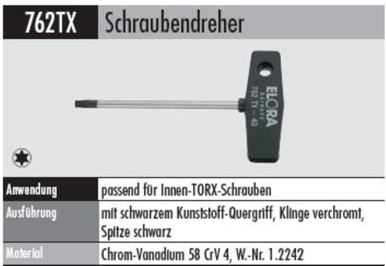 QUERGRIFF-Schraubendreher - 762 -TX20  für Innen-TORX-Schrauben