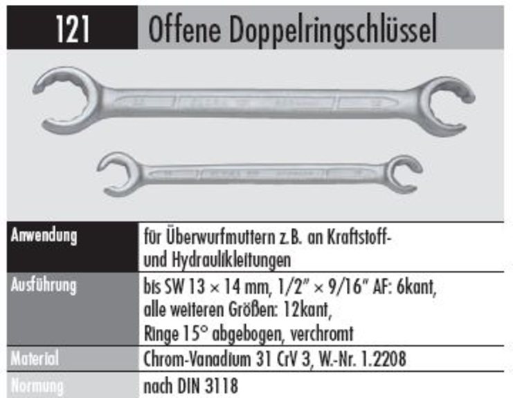 Ringschlüssel 121 14X17 mm OFFEN für Überwurfmutter