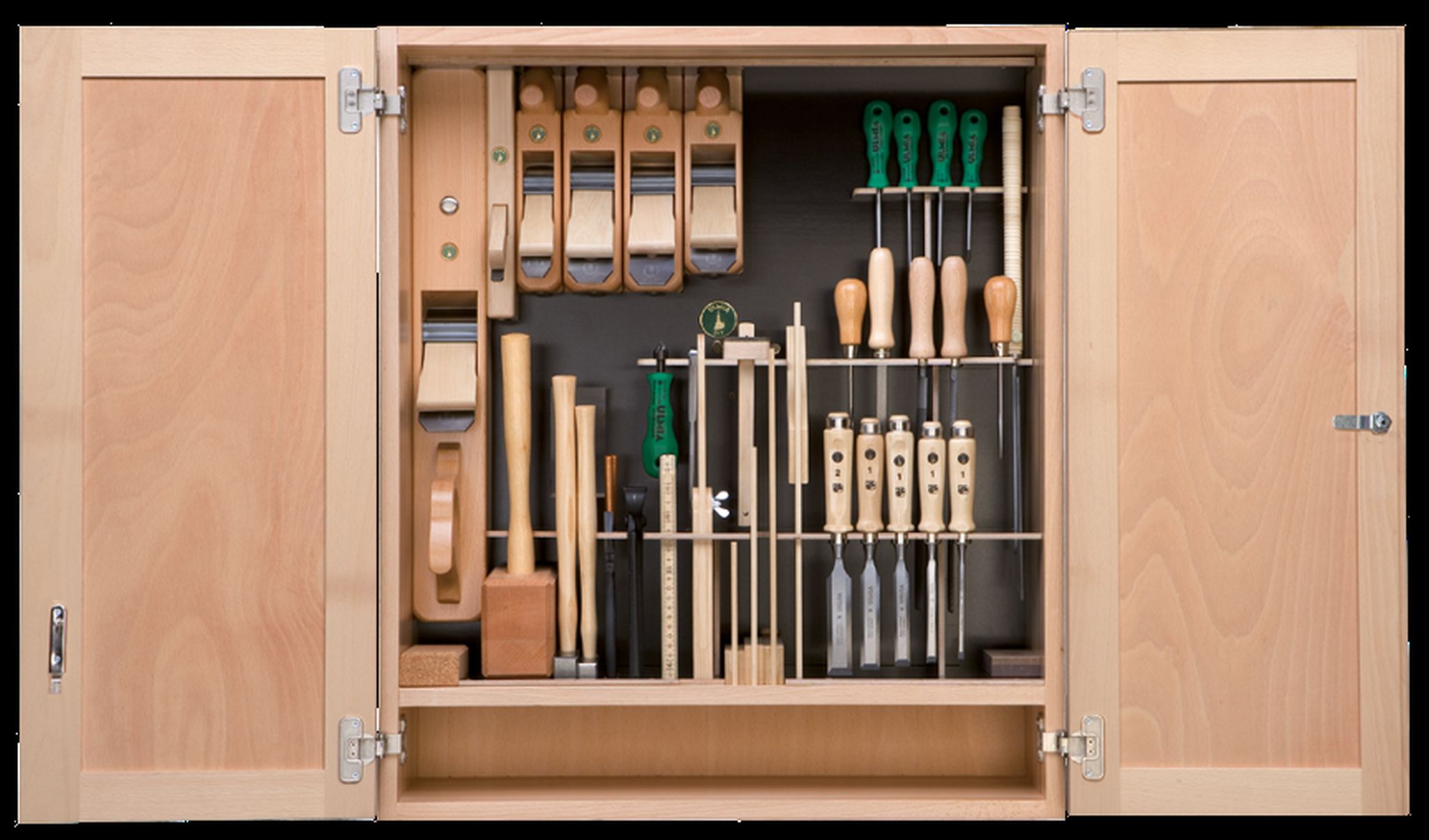 Ulmia Werkzeugsatz 309 für den Schreiner und Tischler Hobel mit Weißbuchensohle im Werkzeugschrank Modell 42