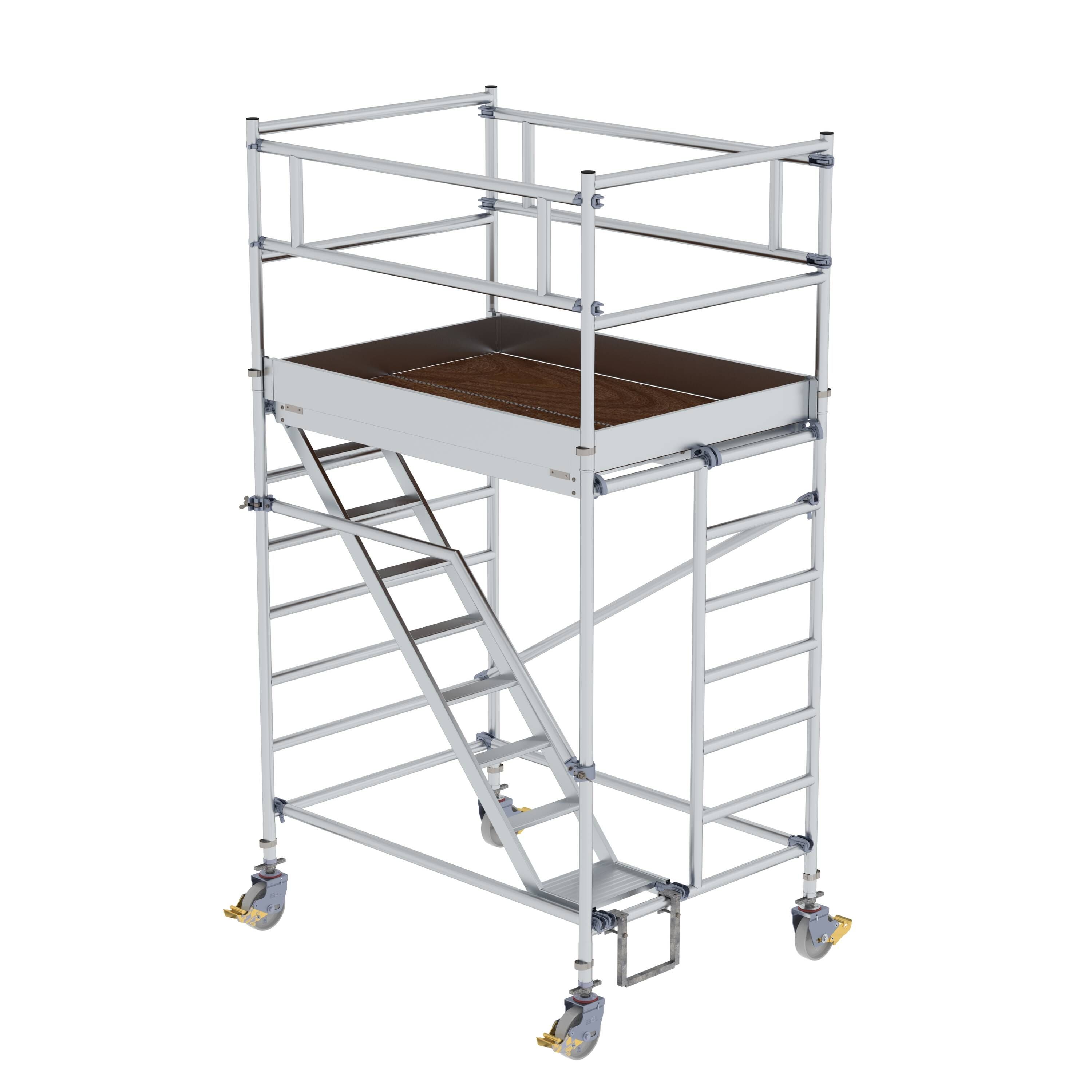 Rollgerüst 1,35 x 1,80 m mit Schrägaufstiegen Plattformhöhe 2,35 m Gerüsthöhe ca. m 3,35, Arbeitshöhe bis ca. m 4,40, Plattformhoehe 2,35 m