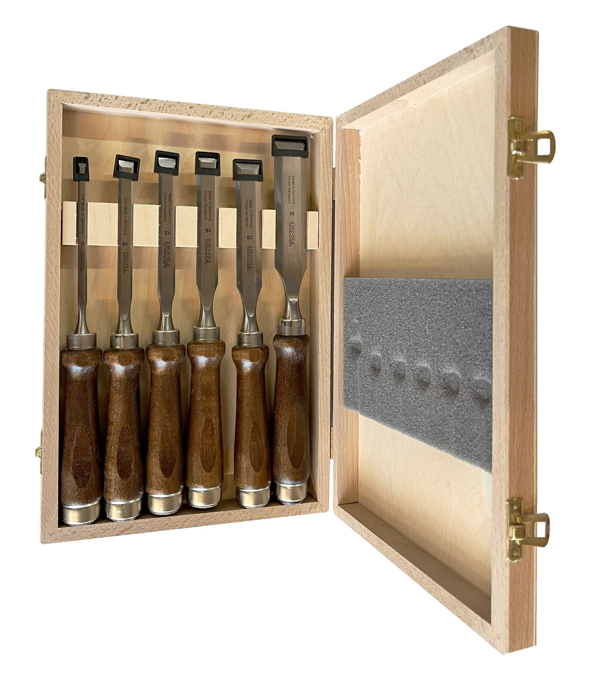 Ulmia Stechbeitelsatz bestehend aus 6 Stechbeitel Modell UL_167 im Holzkasten 6, 10 ,12, 16, 20 und 26 mm