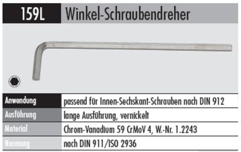 Winkelschraubendreher 159L-17  MM   lange Ausführung  für Innen-Sechskant-Schrauben