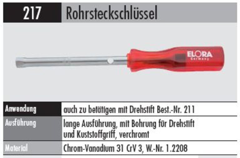 Rohrsteckschlüssel m. Griff  217-12 mm lange Ausführung mit Griff