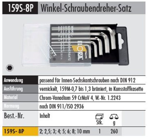 Winkelschraubendreher - Satz  159 S-8P       2-10MM  für Innen-Sechskant-Schrauben